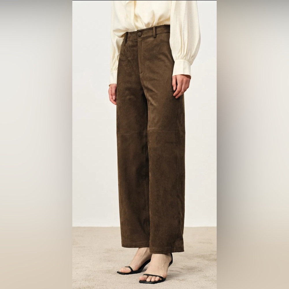 Lukhanyo Mdingi x Fabrique Lene Faux Suede Straight Leg Pants Brown Size S